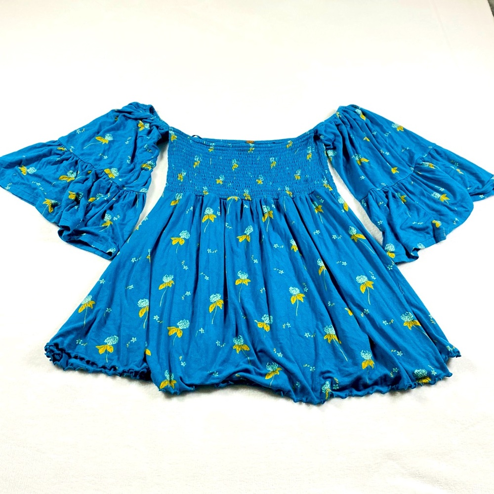 Free People Lana Tunic Floral Teal Blue Off Shoulder
